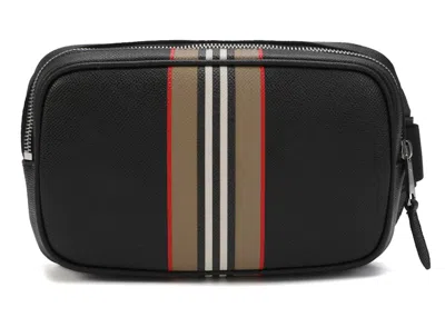 Pre-owned Burberry Women's  Icon Stripe Print Leather Bum Bag In Black