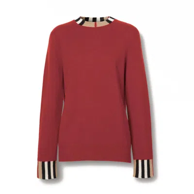 Pre-owned Burberry Women's  Icon Stripe Trim Cashmere Sweater In Bright Red