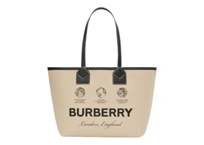 Pre-owned Burberry Women's  Label Print Cotton Medium London Tote Bag/acrhive Acrhive In Beige/black/acrhive Be