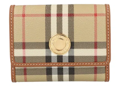 Pre-owned Burberry Women's  Lancaster Check Trifold Wallet In Archive Beige In Brown