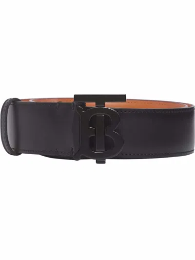 Pre-owned Burberry Women's  Leather Tb Monogram Buckle Belt In Black/orange