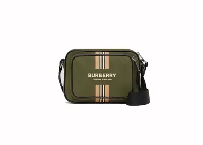 Pre-owned Burberry Women's  Logo And Icon Stripe Print Econyl Crossbody Bag In Dark Olive Green