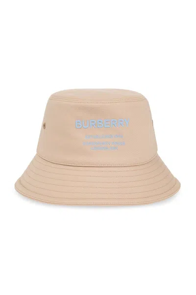 Pre-owned Burberry Women's  Logo Embroidered Cotton Bucket Hat In Soft Fawn