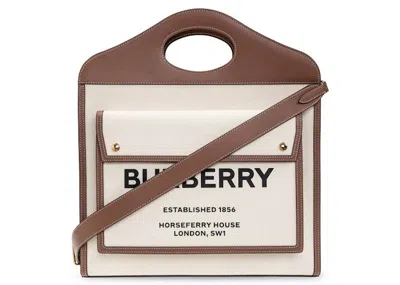 Pre-owned Burberry Women's  Medium Twotone Canvas And Leather Pocket Bag In Natural/malt Brown