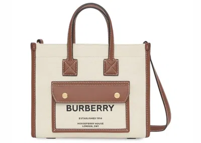 Pre-owned Burberry Women's  Mini Twotone Canvas Freya Tote Bag In Natural/tan
