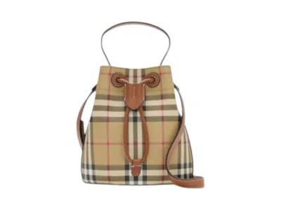 Pre-owned Burberry Women's  Mn Drawstring Bag In Vintage Check/briar Brown