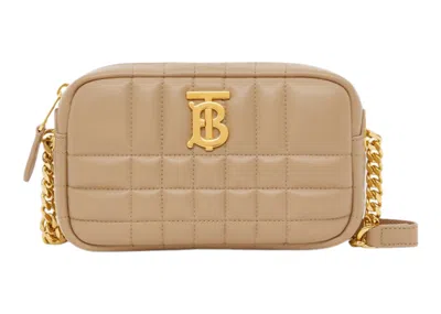 Pre-owned Burberry Women's  Quilted Leather Mini Lola Camera Bag In Oat Beige/gold/tone