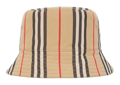 Pre-owned Burberry Women's  Reversible Icon Striped Bucket Hat In Beige