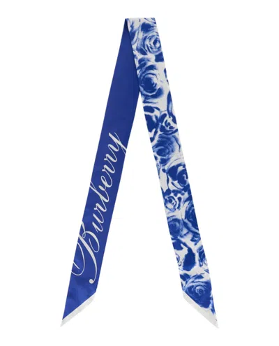 Pre-owned Burberry Women's  Roseprinted Silk Scarf In Blue/white