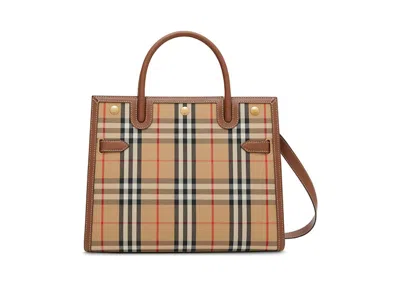 Pre-owned Burberry Women's  Small Vintage Check Two Handle Title Bag In Archive Beige Brown