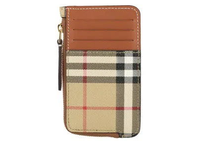 Pre-owned Burberry Women's  Sommerset Check Zip Card Holder In Archive Beige In Brown