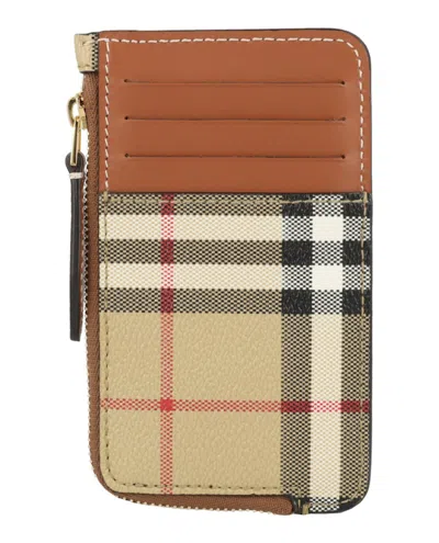 Pre-owned Burberry Women's  Sommerset Check Zip Card Holder In Archive Beige In Brown