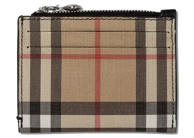 Pre-owned Burberry Women's  Vintage Check And Leather Zip Card Case 6 Slot In Black