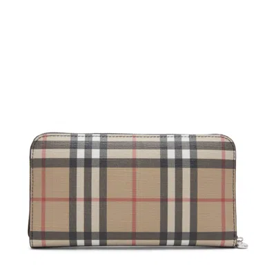 Pre-owned Burberry Women's  Vintage Check And Leather Ziparound Wallet 12 Slot In Black