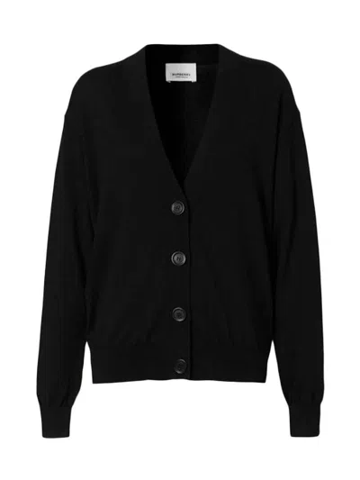 Pre-owned Burberry Women's  Vintage Check Elbow Patch Dornoch Merino Wool Cardigan In Black