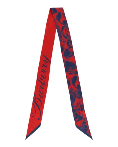 Pre-owned Burberry Women's  Water Rose Silk Scarf In Red/blue