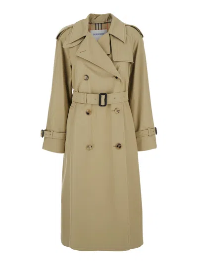 Burberry Women 'castleford' Beige Double-breasted Trench Coat With Waist Belt In Cotton Blend Woman In Neutral