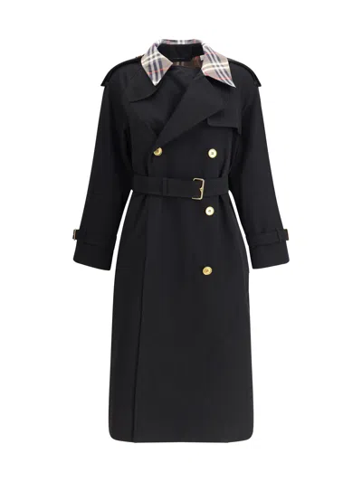 Burberry Women Castleford Long Trench Coat With Check Collar In Black