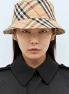 Burberry Checkered Pattern Bucket Hat With Logo Embroidery In Cream