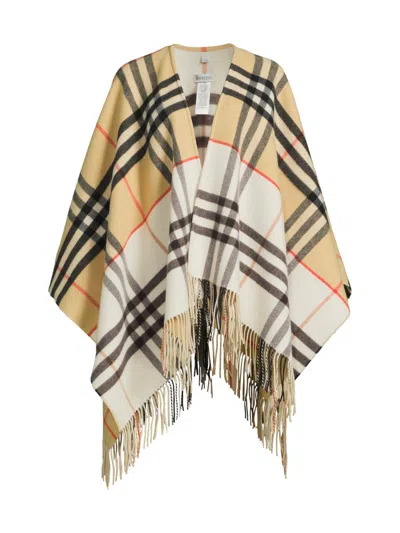 Burberry Oversized Fringed Checked Cashmere And Wool-blend Cape In Brown