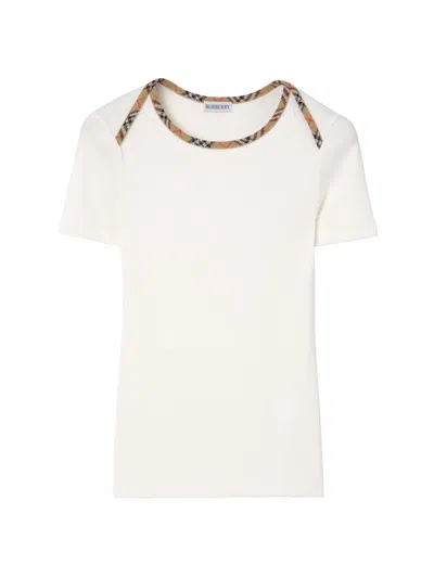 BURBERRY WOMEN'S CHECK TRIM STRETCH COTTON T-SHIRT