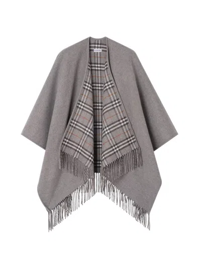 Burberry Women's Check Wool Fringe Cape In Gray