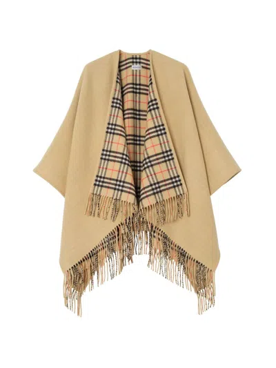 Burberry Women's Check Wool Fringe Cape In Sand