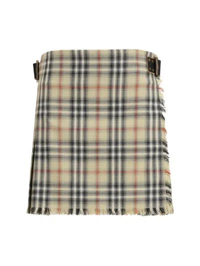Burberry Women Beige Skirt With Adjustable Belt And All-over Check Motif In Wool Woman In Multi