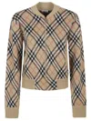 Burberry Beige Checked Cardigan With Ribbed Finish In Brown