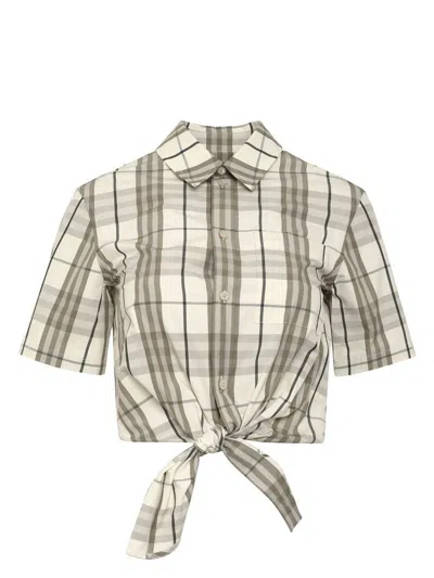 Burberry Checked Cotton Shirt Tie Front In Grey