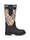 Burberry Woven Check Rain Boots With Adjustable Buckle And Equestrian Design In Black