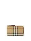 Burberry Mini Leather Wallet With Iconic Check Pattern And Zip Closure In Beige