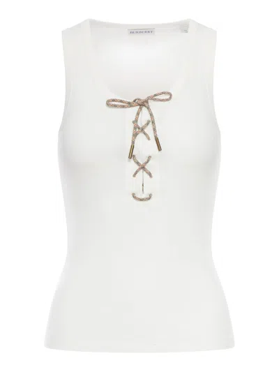 Burberry Women Cotton Blend Tank Top With Checked Finishes In White