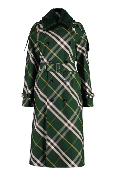 Burberry Green Women's Cotton Trench Coat With Check Motif And Eco-fur Insert