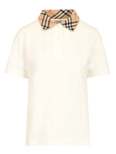Burberry Women Cotton Polo Shirt With Checked Collar In White