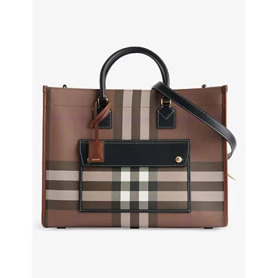 Burberry Tartan Checked Freya Tote Bag In Dark Birch Brown Chk