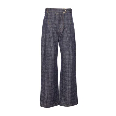 Burberry Women Denim Check Wide High Waist Jeans