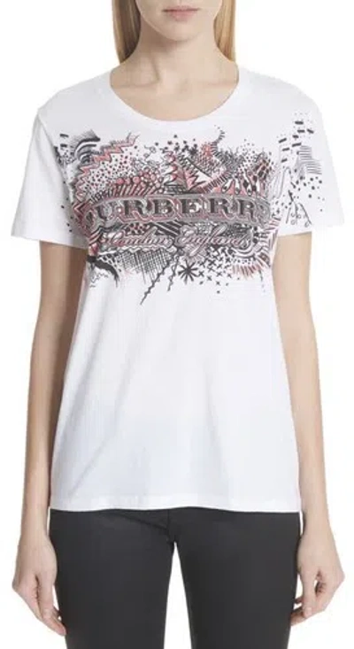 Pre-owned Burberry Women's Doodle Print Tee In White Size Small