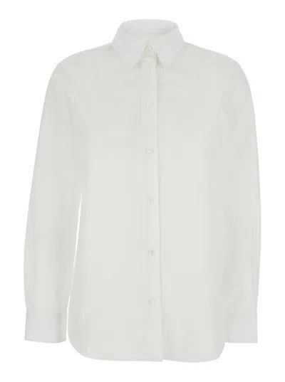 BURBERRY BURBERRY WOMEN 'ELLORA' WHITE SHIRT WITH POINTED COLLAR AND TONE-ON-TONE EMBROIDERED LOGO IN COTTON 