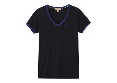 Pre-owned Burberry Women's Embroidered Monogram Ekd V Neck T-shirt In Black/navy Blue