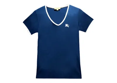 Pre-owned Burberry Women's Embroidered Monogram Ekd V Neck T-shirt In Blue/white