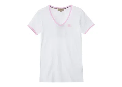 Pre-owned Burberry Women's Embroidered Monogram Ekd V Neck T-shirt In White/pink