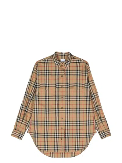 Burberry Embroidered Stretch Cotton Shirt In Neutral