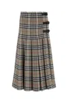 Burberry Women Beige Midi Skirt With Side Buckle Closure And All-over Check Motif In Wool Woman In Brown