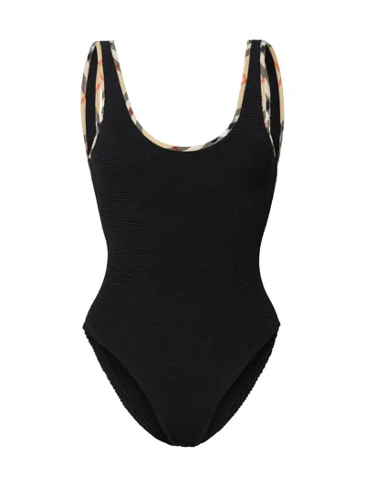 Burberry Women's Faye Check Trim One-piece Swimsuit In Black