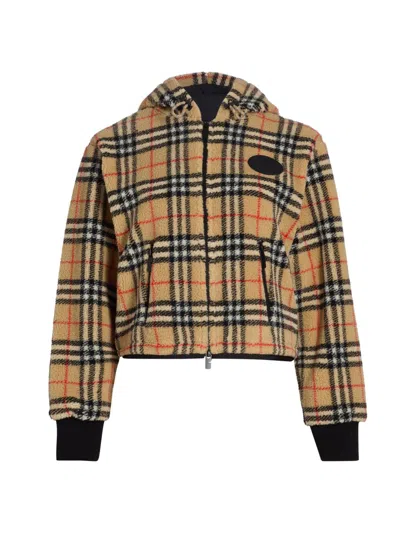 Burberry Women's Fiona Check Fleece Hoodie In Nude