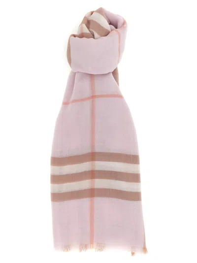 Burberry Large Scarf Checked Pattern Fringed Edges In Pink
