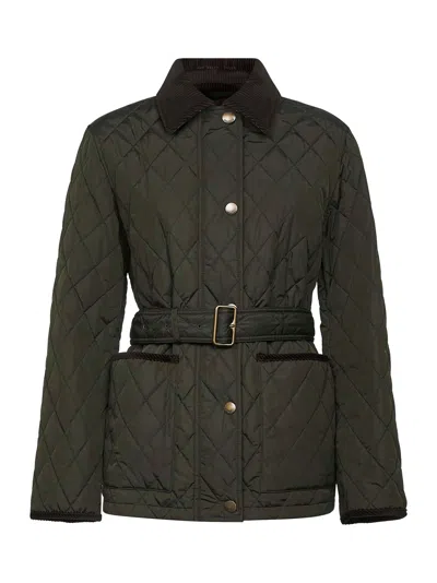 Burberry Women Green Nylon Belted Quilted Jacket In Black