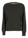 Burberry Women Grey Crewneck Sweater With Check Motif In The Collar And Ribbed Trims In Wool Woman In Black