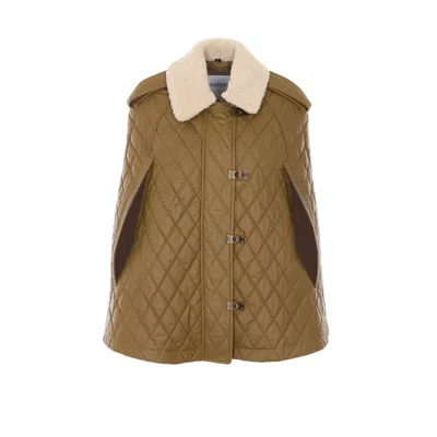 Burberry Women Heath Quilted Cape With Shearling Neck In Green